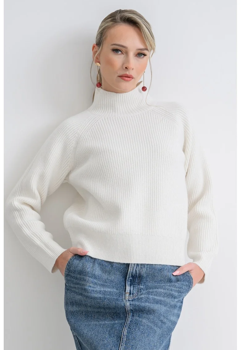 Pulover tricotat cu maneci raglan si maneci scurte, Alb