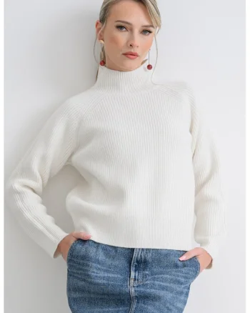 Pulover tricotat cu maneci raglan si maneci scurte, Alb