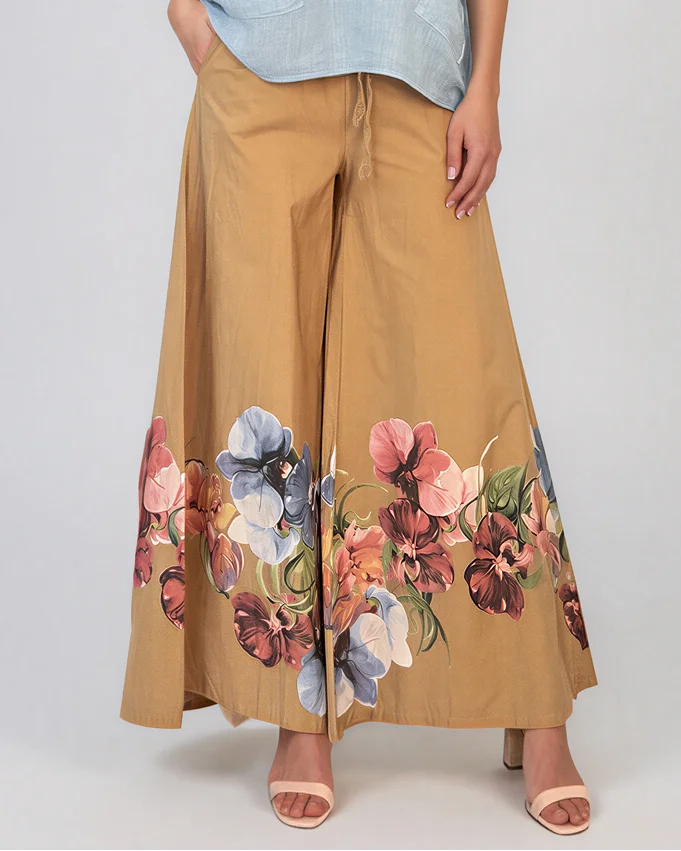 Fustă pantaloni cu print floral și șiret beige - Unica S-L