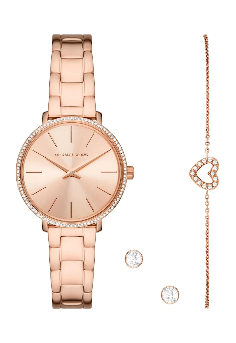Set de ceas analog, bratara si cercei cu tija si cristale, Auriu rose