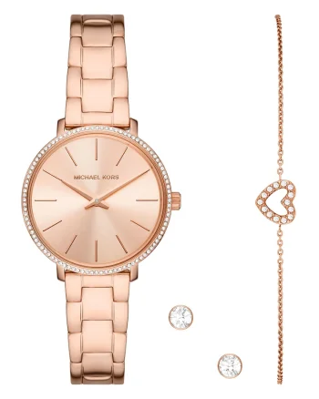Set de ceas analog, bratara si cercei cu tija si cristale, Auriu rose