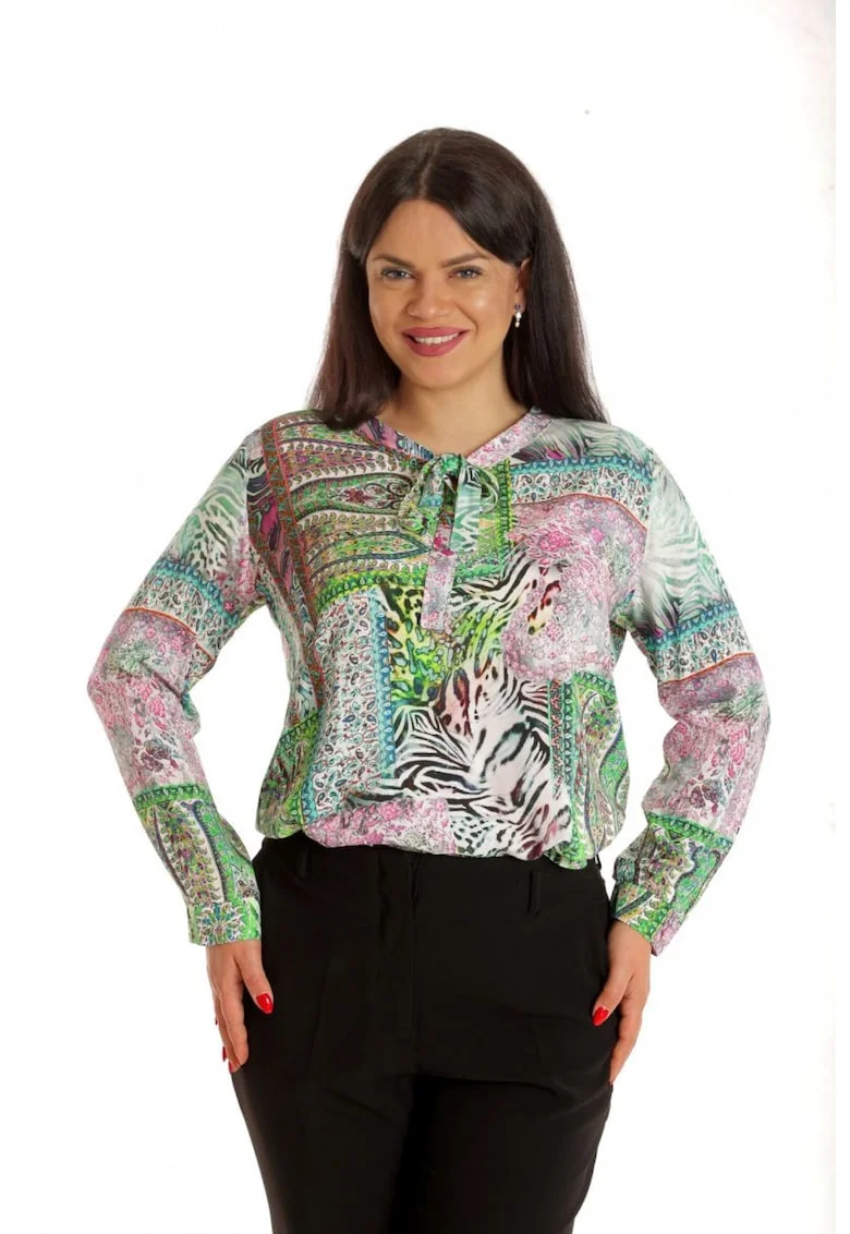 888141927-Bluza Dama, Asimetrica, Verde cu imprimeu si Funda, Verde