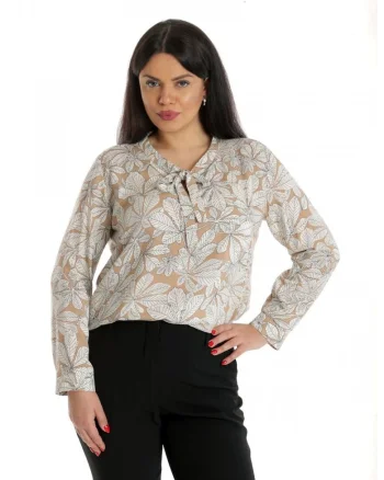 888141928-Bluza Dama, Asimetrica, Bej cu imprimeu Floral si Funda
