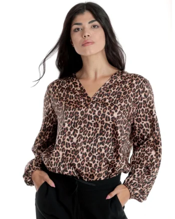 888144258-Bluza Dama cu Decolteu in V, Satin Leopard, Maro