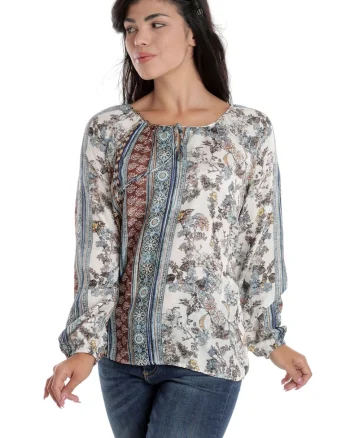 888144253-Bluza Dama, cu Maneca lunga tip IE, Alba cu Imprimeu Albastru-Maro Combinat
