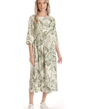 Rochie Lunga Dama V271, crem cu imprimeu floral verde