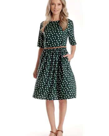 Rochie Medie Dama V273, Verde inchis cu buline albe