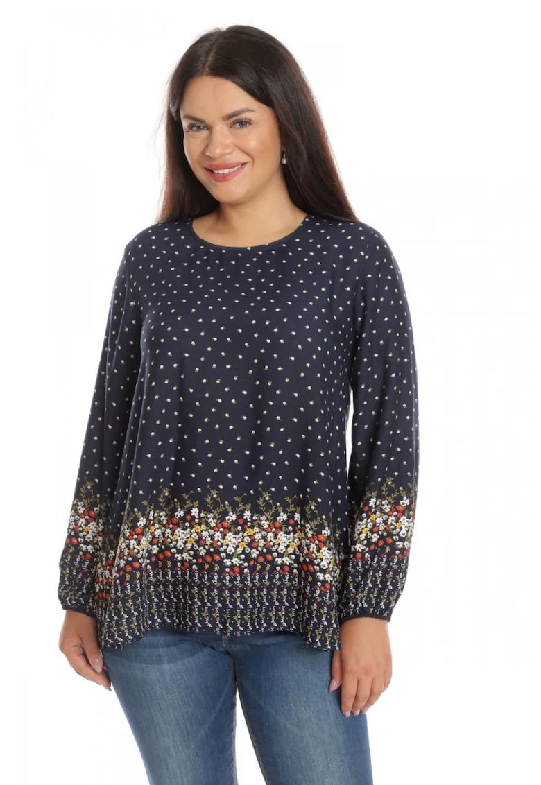 Bluza Dama, din Vascoza cu bordura, bleumarin si imprimeu floral
