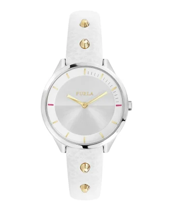 Ceas quartz cu aplicatii din nituri, Alb optic/Argintiu/Auriu