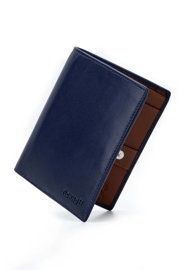 Portofel modern slim vertical barbati,  protectie RFID, piele naturala premium, Albastru
