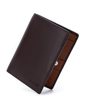 Portofel modern slim vertical barbati,  protectie RFID, piele naturala premium, Maro