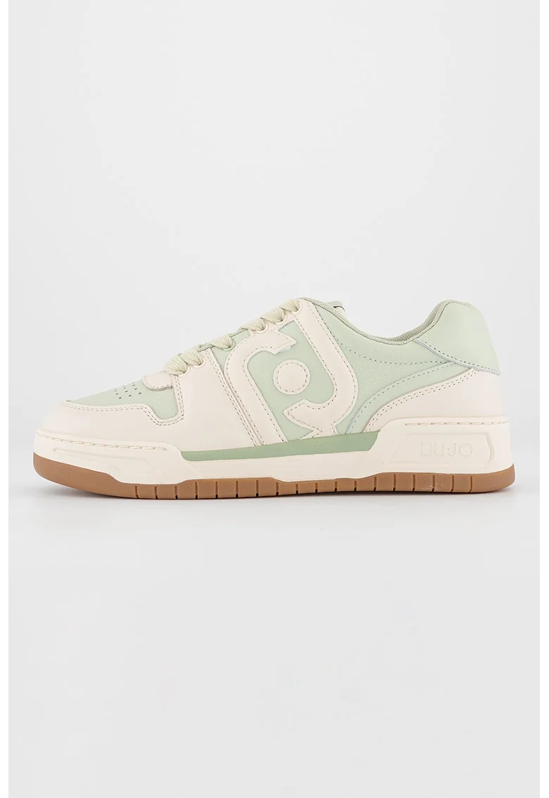 Pantofi sport de piele si piele ecologica, cu logo, Bej/Verde pal