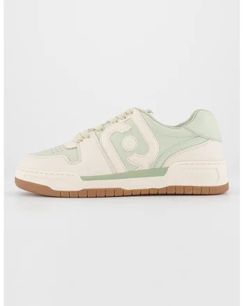 Pantofi sport de piele si piele ecologica, cu logo, Bej/Verde pal