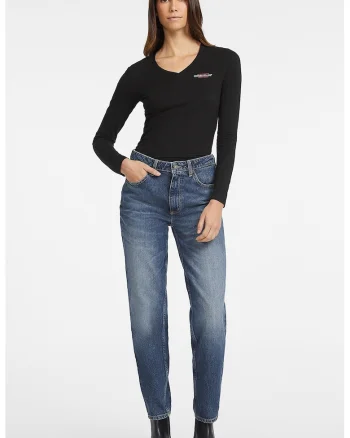 Bluza cu decolteu in V si imprimeu logo, Negru