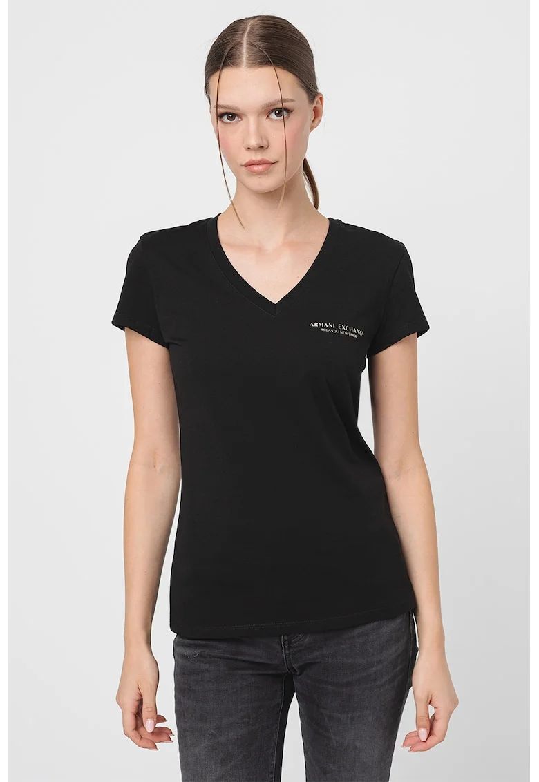 Tricou slim fit cu decolteu in V, Negru/Kaki