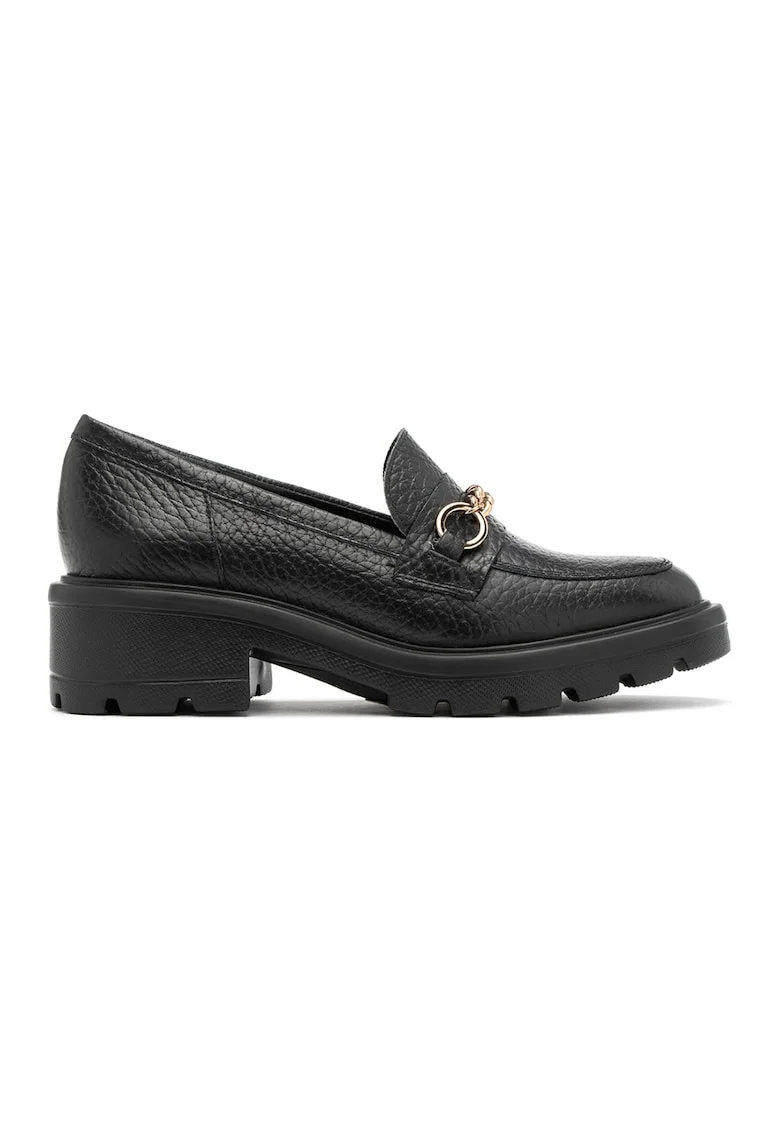 Pantofi loafer de piele cu toc masiv, Negru