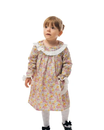 Rochie cu model floral si volane, Verde/Galben/Roz
