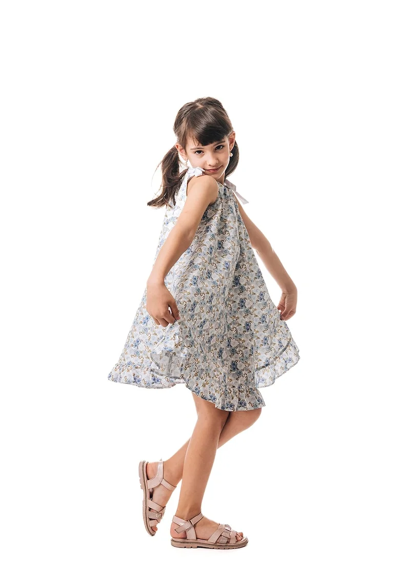Rochie mini evazata din bumbac, Verde/Albastru glaciar