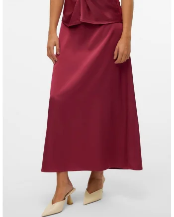 Fusta maxi cu aspect de satin si croiala pe bie, Rosu inchis