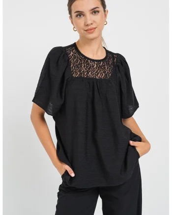 Bluza cu maneci scurte si segment din plasa, Negru