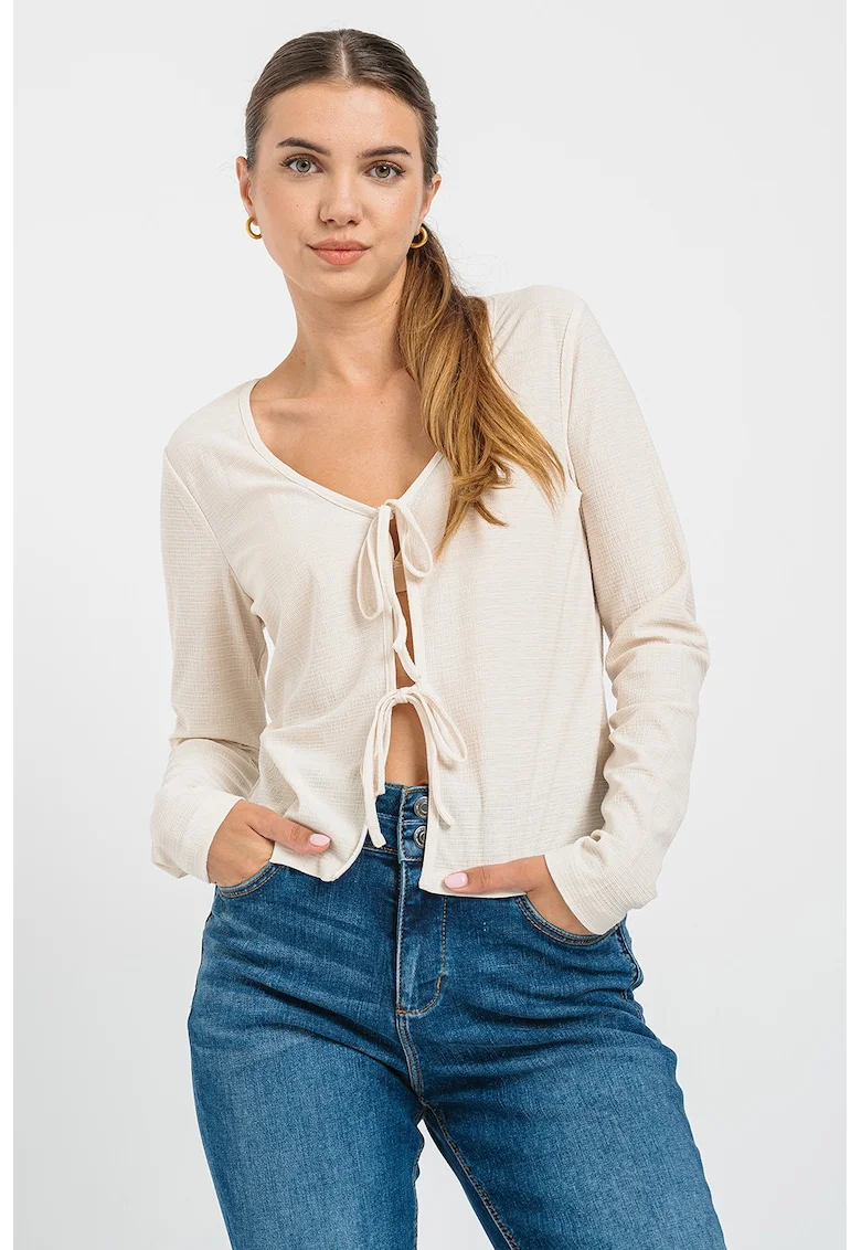 Bluza cu decolteu in V si model uni, Alb murdar
