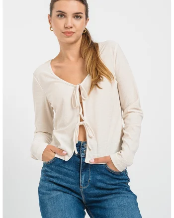 Bluza cu decolteu in V si model uni, Alb murdar