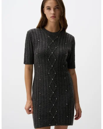 Rochie-pulover cu strasuri, Gri inchis melange