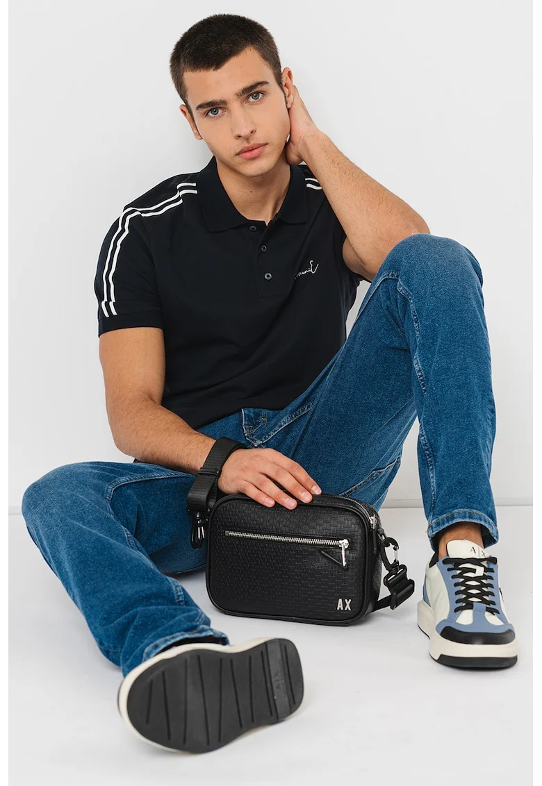 Tricou polo cu dungi contrastante, Alb/Bleumarin