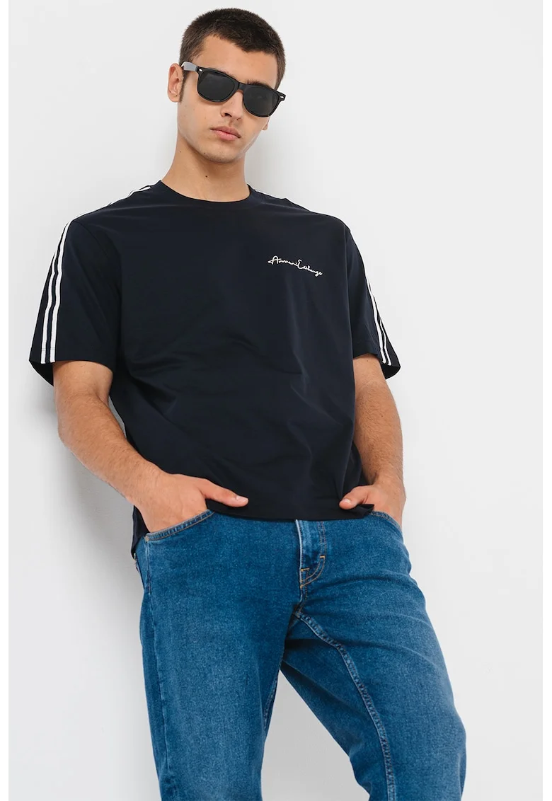 Tricou de bumbac cu decolteu la baza gatului, Alb optic/Bleumarin