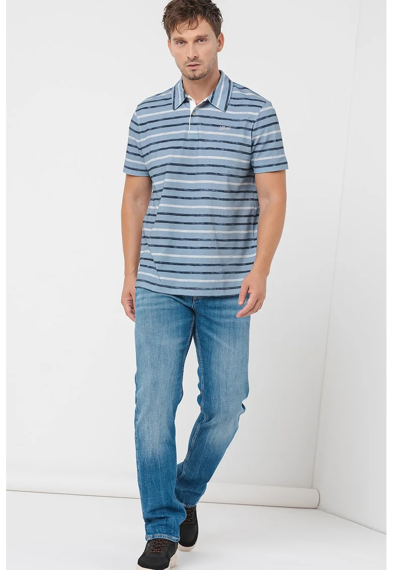 Tricou polo din bumbac cu model in dungi, Albastru melange