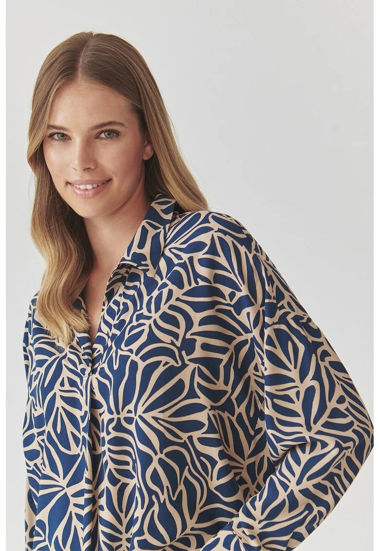 Bluza cu guler clasic si imprimeu, Albastru inchis/Bej