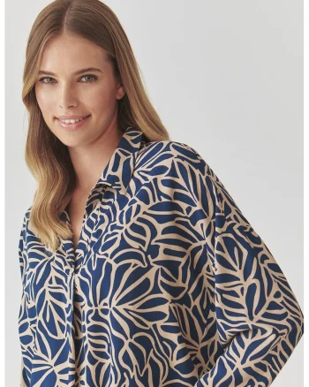 Bluza cu guler clasic si imprimeu, Albastru inchis/Bej