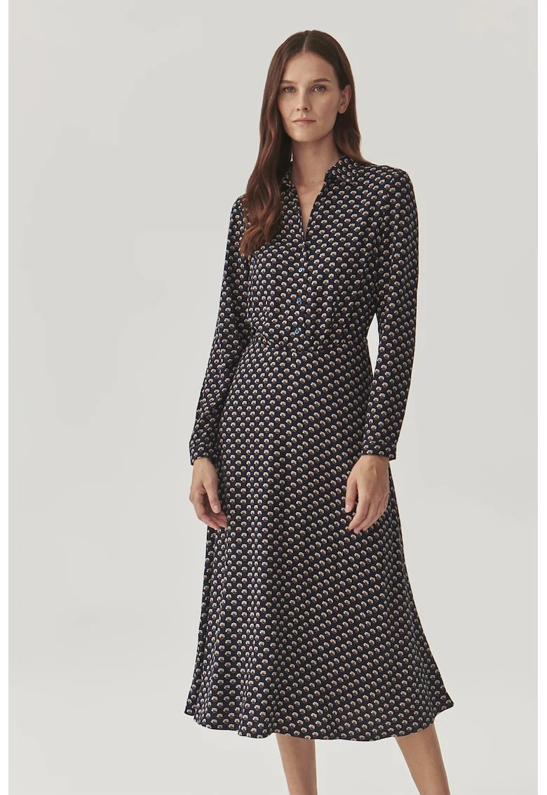 Rochie cu model floral si fenta cu nasturi, Alb fildes/Maro deschis/Bleumarin
