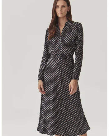 Rochie cu model floral si fenta cu nasturi, Alb fildes/Maro deschis/Bleumarin