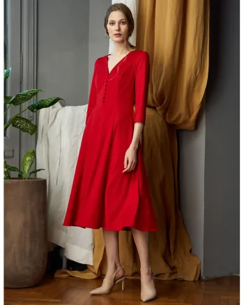 Rochie midi evazata cu decolteu in V, Rosu vermillion
