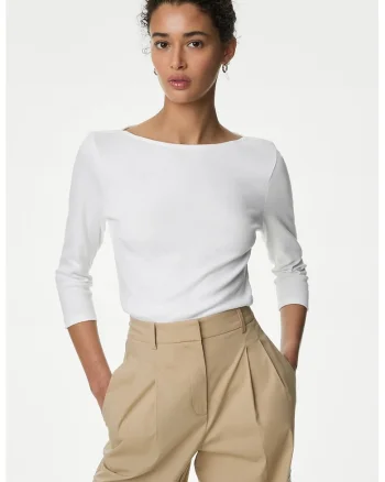 Bluza slim fit cu maneci trei sferturi, Alb