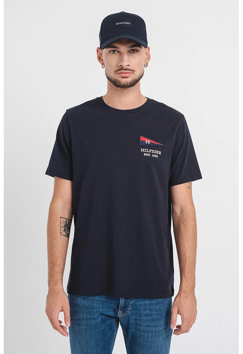 Tricou cu decolteu la baza gatului si logo brodat, Bleumarin
