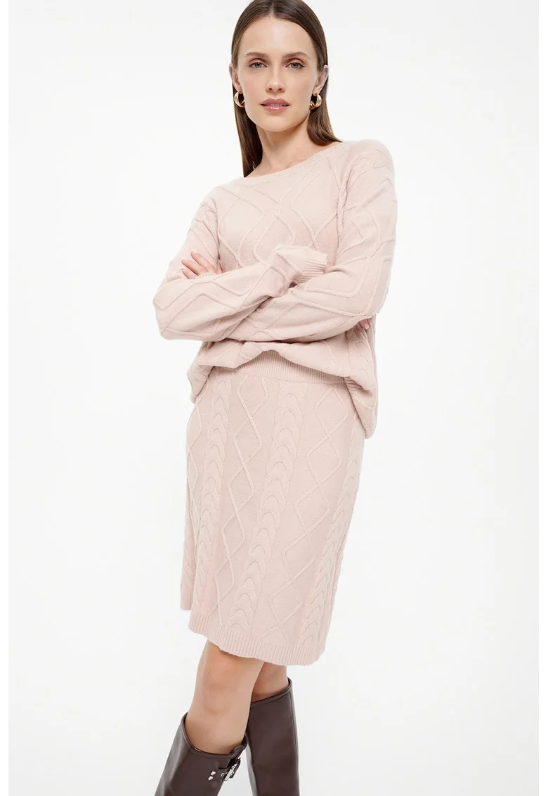 Fusta midi cu model torsade, Roz pal