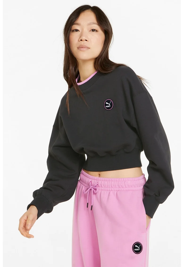 Bluza sport crop cu decolteu la baza gatului, Negru