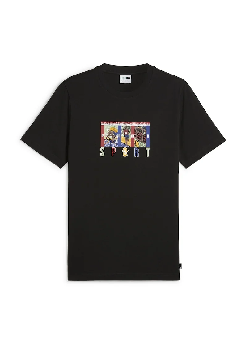 Tricou cu decolteu la baza gatului si imprimeu grafic, Negru
