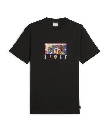 Tricou cu decolteu la baza gatului si imprimeu grafic, Negru