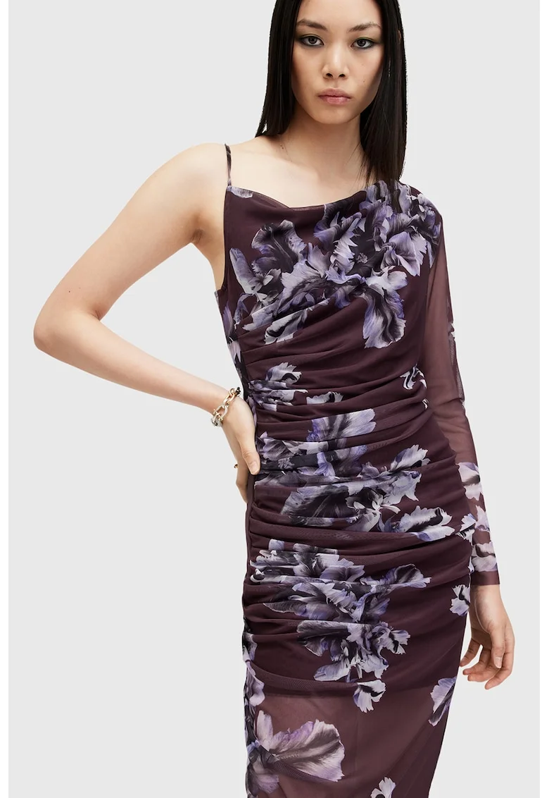 Rochie maxi drapata cu decolteu pe un umar, Negru/Violet