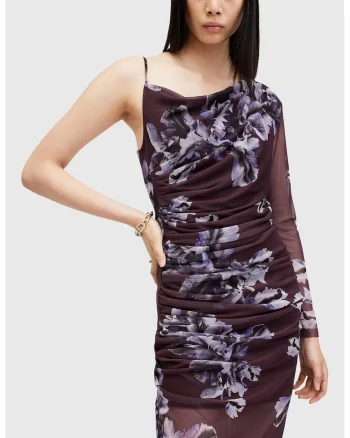 Rochie maxi drapata cu decolteu pe un umar, Negru/Violet