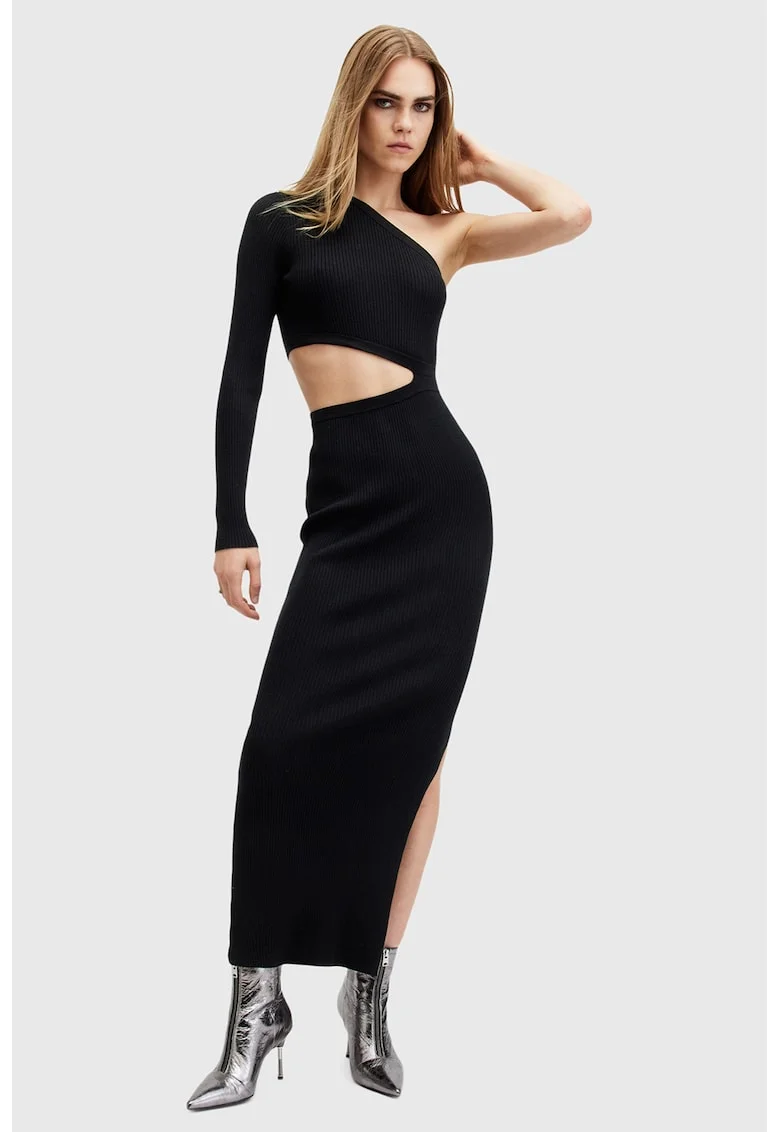 Rochie maxi cambrata cu decolteu pe un umar, Negru