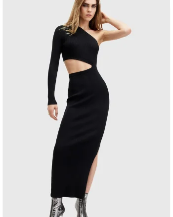 Rochie maxi cambrata cu decolteu pe un umar, Negru