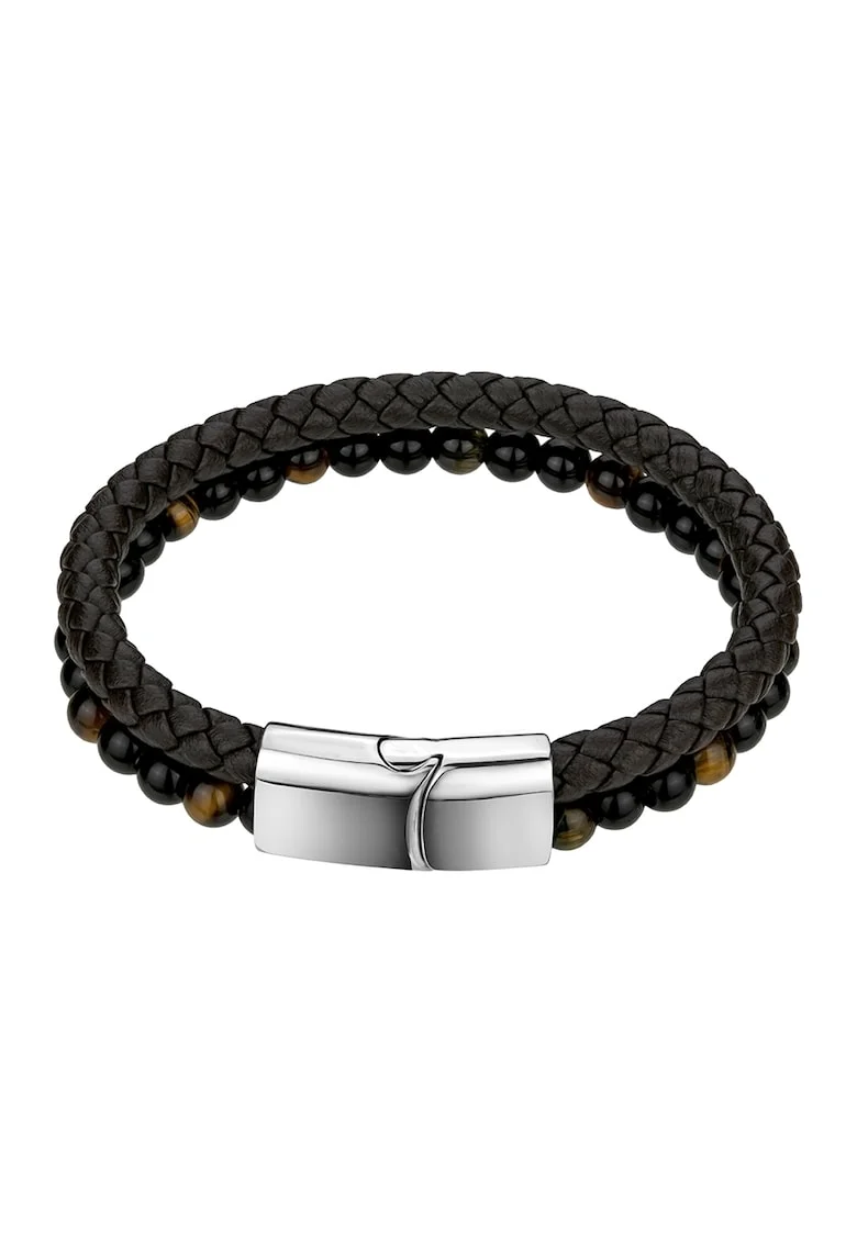 Bratara din piele cu margele onix negre Como, Maro inchis