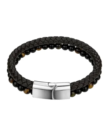 Bratara din piele cu margele onix negre Como, Maro inchis