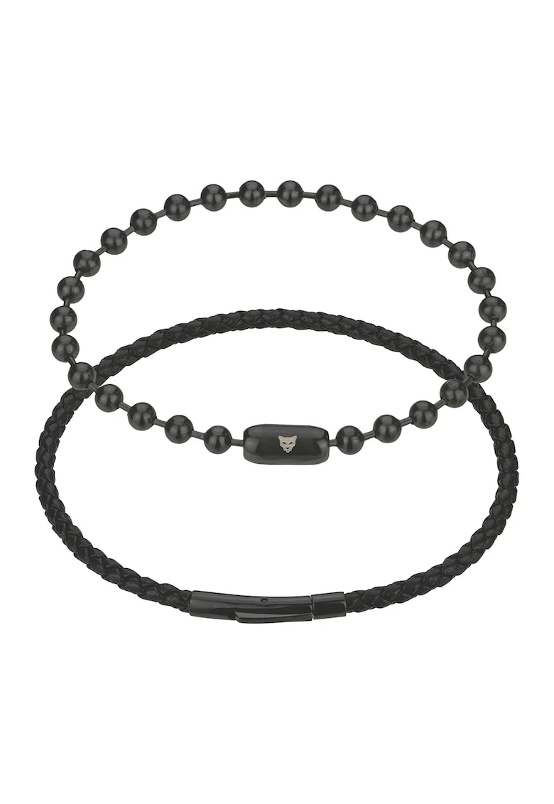 Set de bratara din piele si bratara din otel inoxidabil, Negru