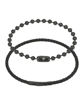 Set de bratara din piele si bratara din otel inoxidabil, Negru