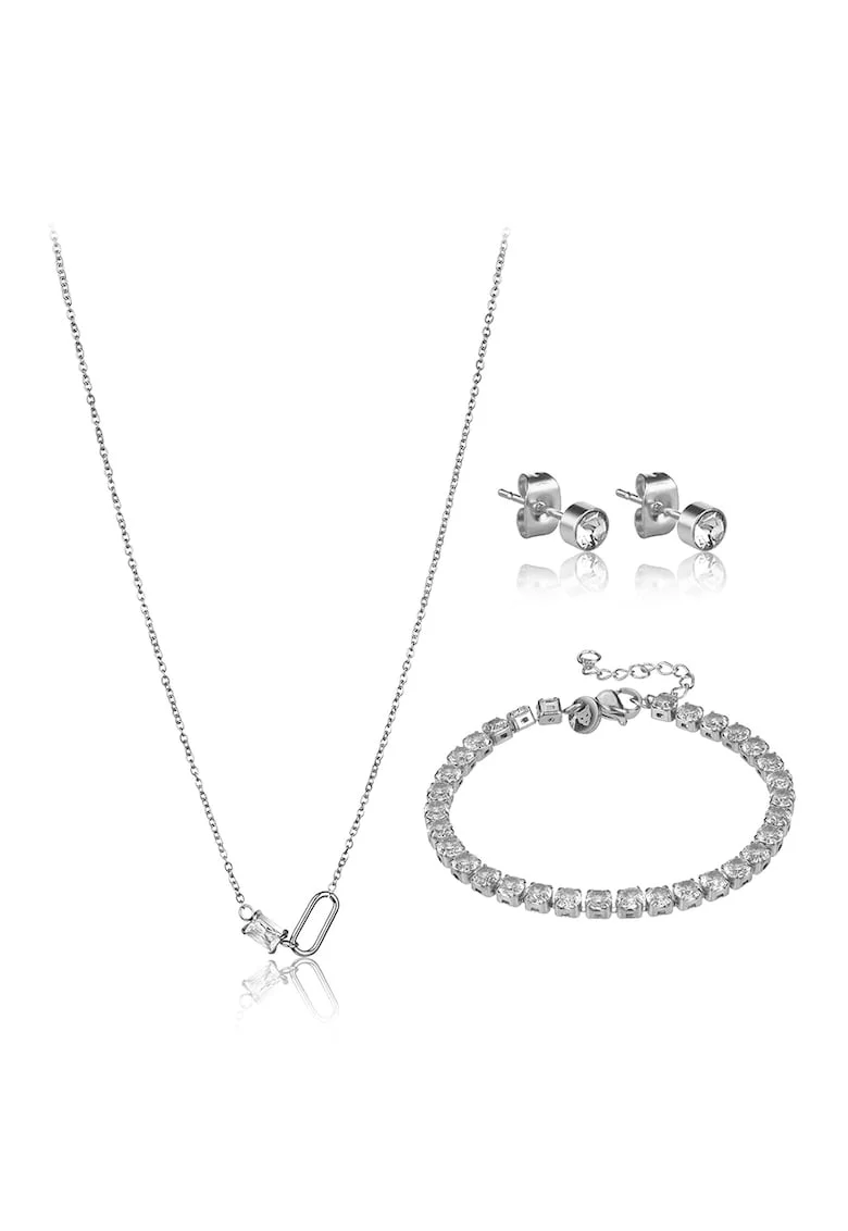 Set de colier, bratara si cercei decorati cu cristale - 3 piese, Argintiu